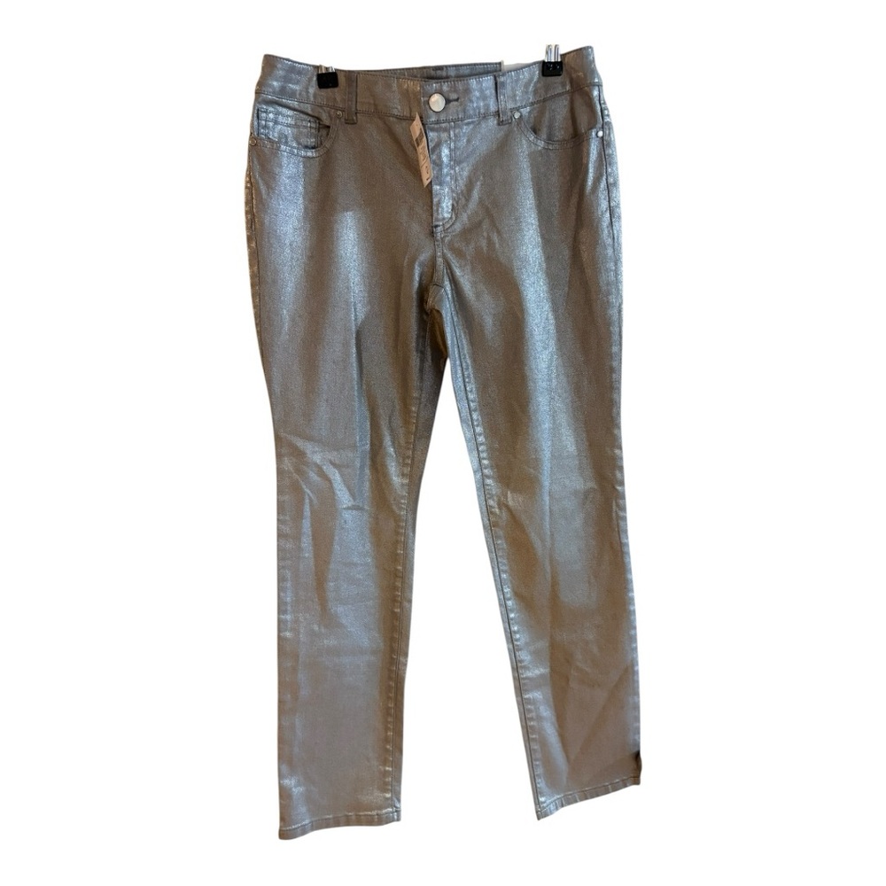 Chico's NWT Platinum Denim Metallic Jeans in a silver color.